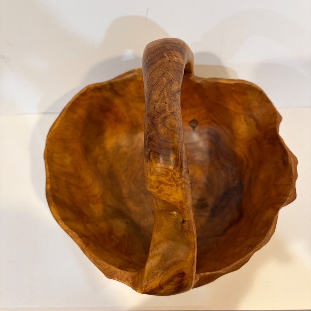 Hand Carved Root Wood Basket Brown Live Edge Rustic Decorative Bowl Handle - Picture 3 of 11